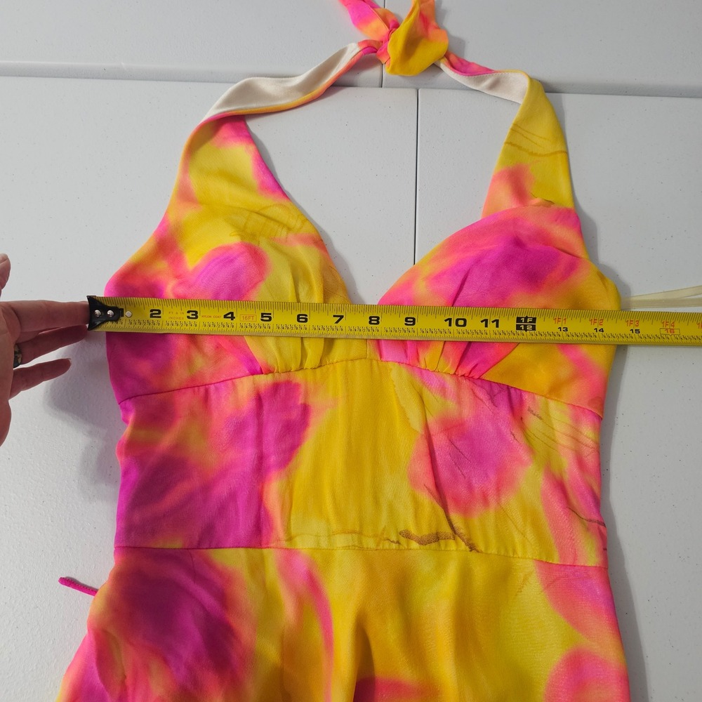Cache Vintage Y2K Silk Midi Dress 6 Halter Empire Yellow & Pink Corset Back - Picture 12 of 15